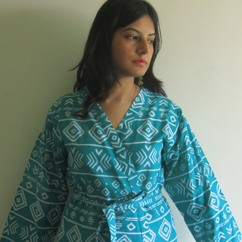 Teal Aztec Knee Length, Kimono Crossover Belted Robe-0