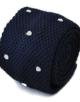 navy blue skinny knitted tie with white polka dots