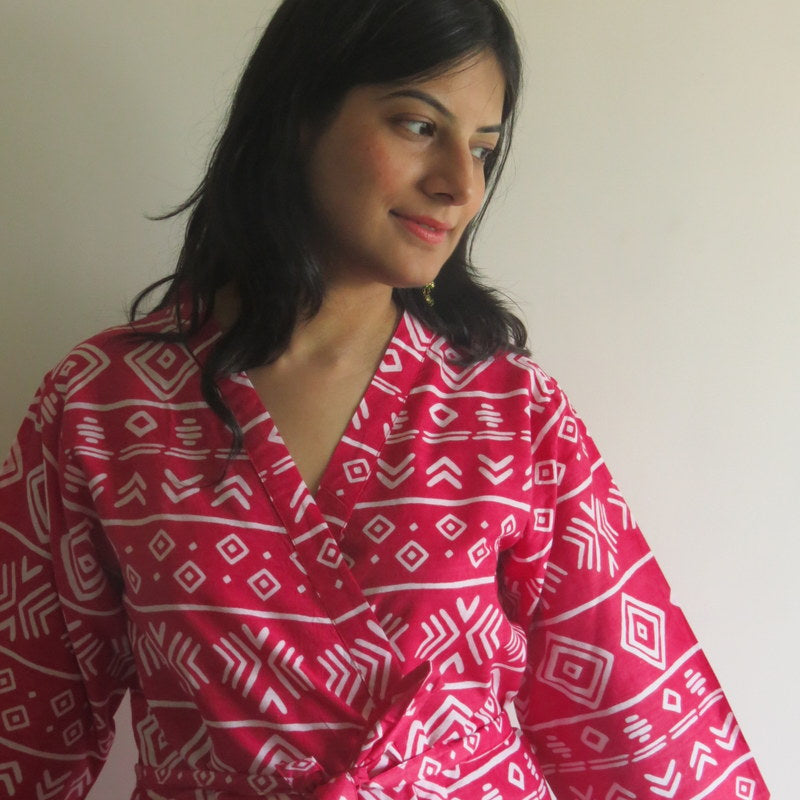 Red Aztec Knee Length, Kimono Crossover Belted Robe-0