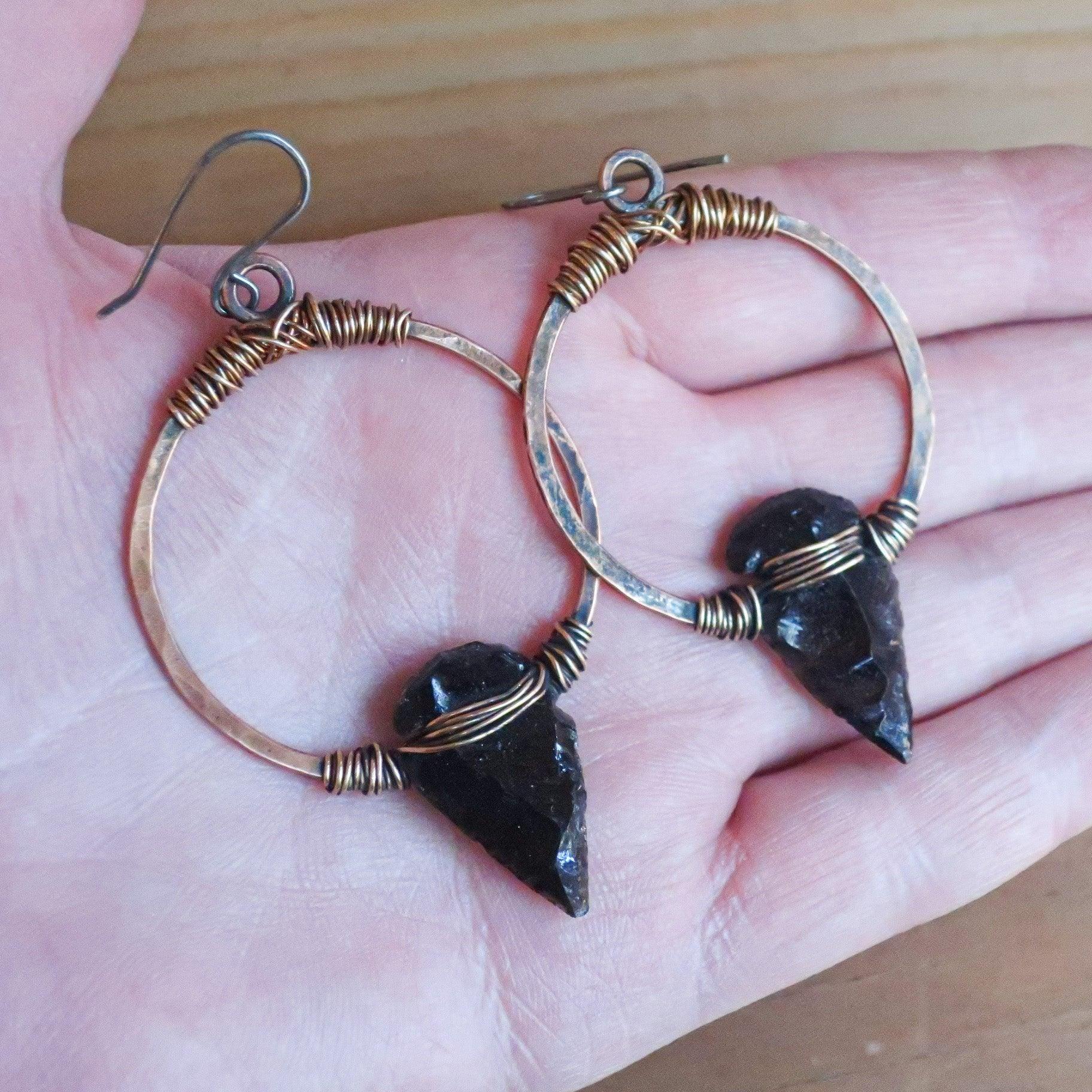 Obsidian Arrowhead Hoop Earrings – Boho | Handmade by Blackbird &amp; Sage