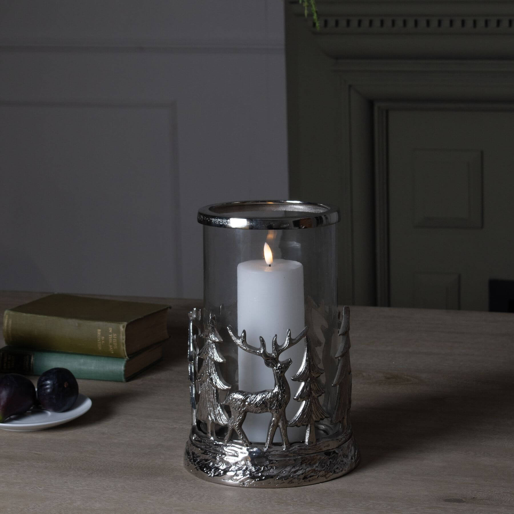 Vintage Silver Stag Hurricane Lantern | Rustic Outdoor Decor