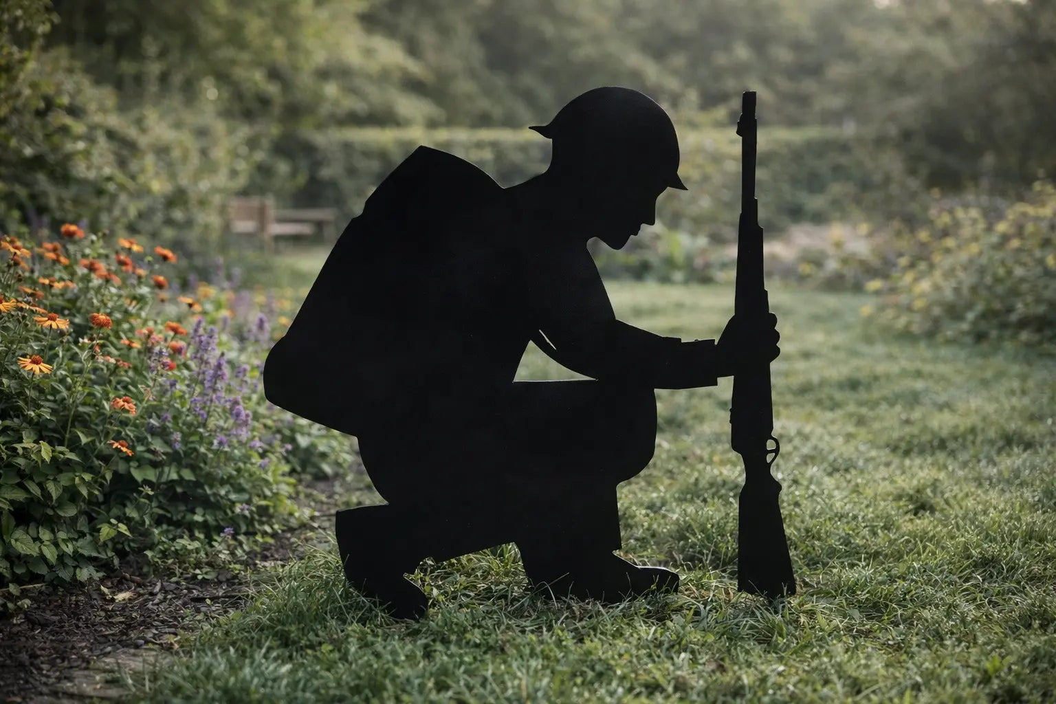 Kneeling Soldier Metal Garden Decoration - Black