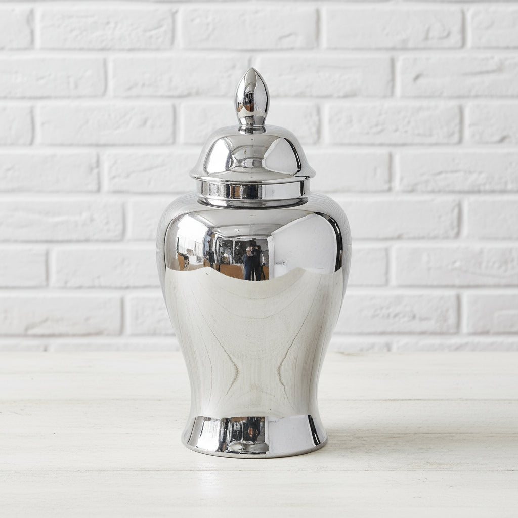 Chrome large ginger jar with silver glaze, handcrafted ceramic home decor vase for floral arrangements or storage by Sostter at brixbailey.com