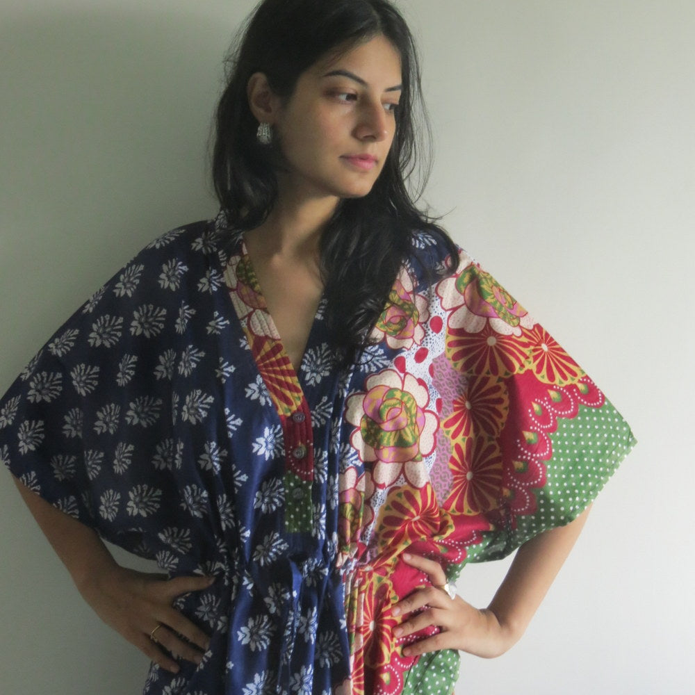 Blue Floral Bordered V-Neck Button Down to Waist, Ankle Length, Cinched Waist Caftan-0
