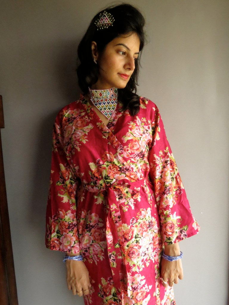 Magenta Floral Knee Length, Kimono Crossover Belted Robe-C5 fabric Code-2