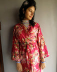 Magenta Floral Knee Length, Kimono Crossover Belted Robe-C5 fabric Code-2