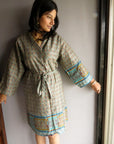 Blue Plaid Knee Length, Kimono Crossover Belted Robe-0