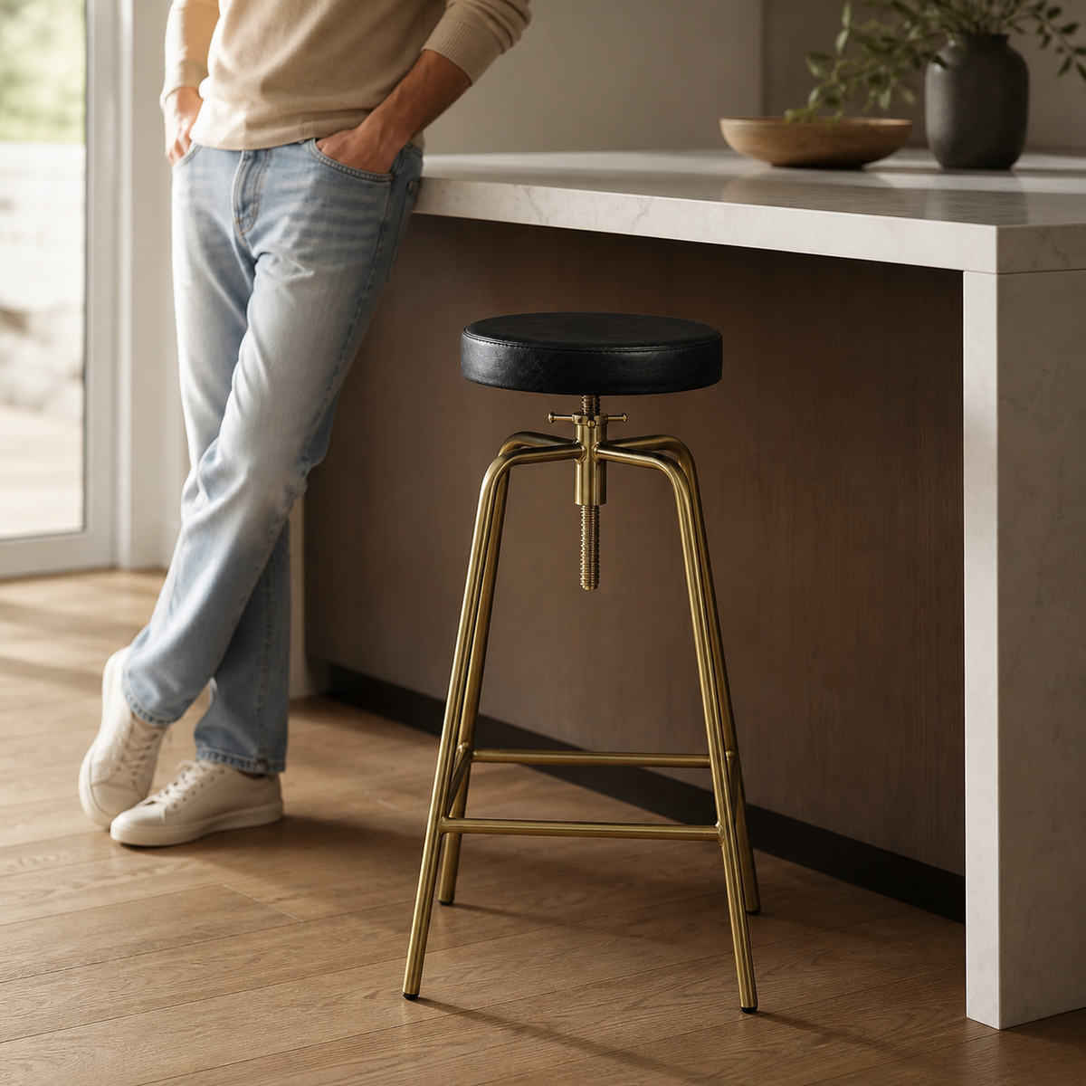 Antique Brass &amp; Black Leather Adjustable Bar Stool