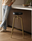 Antique Brass & Black Leather Adjustable Bar Stool