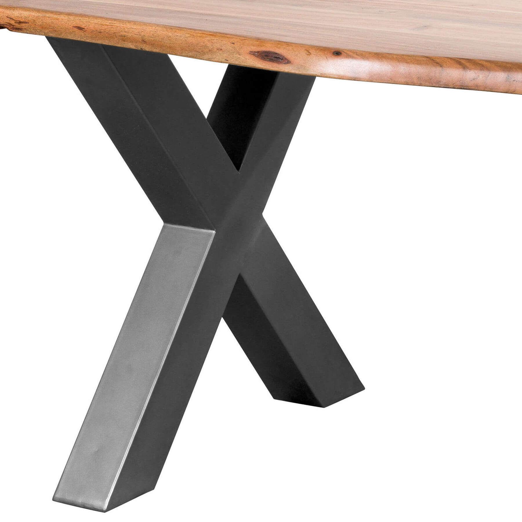 Handcrafted acacia wood dining table with live edges and metal cross-frame base, seats 8, natural brown with grey accents. by Sostter at brixbailey.com