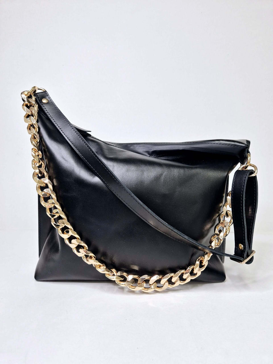 Black Leather Handbag with Metallic Accents, Crossbody