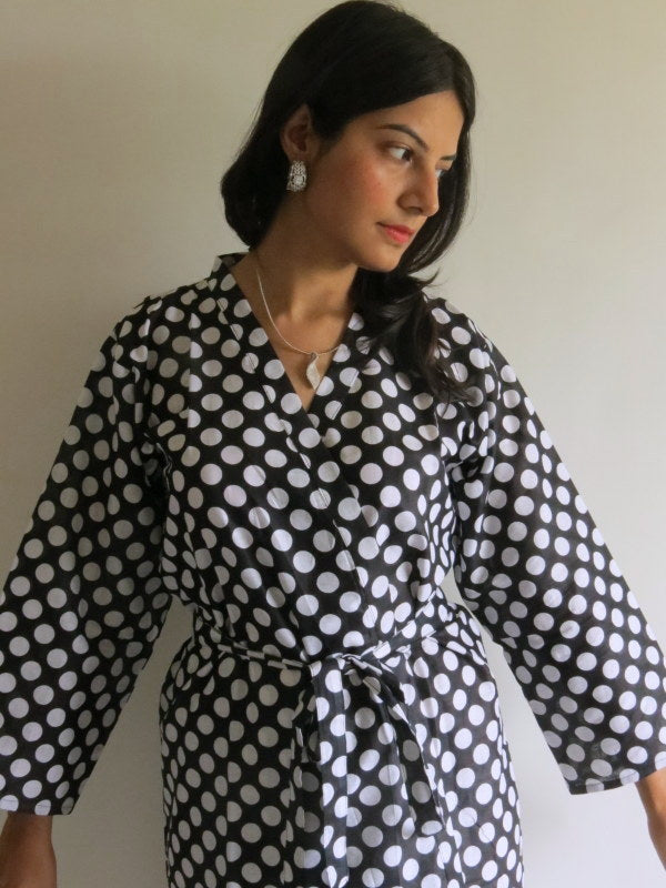 Black Polka Dots Knee Length, Kimono Crossover Belted Robe-0