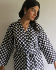 Black Polka Dots Knee Length, Kimono Crossover Belted Robe-0