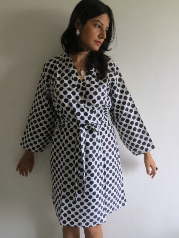 White Polka Dots Knee Length, Kimono Crossover Belted Robe-0