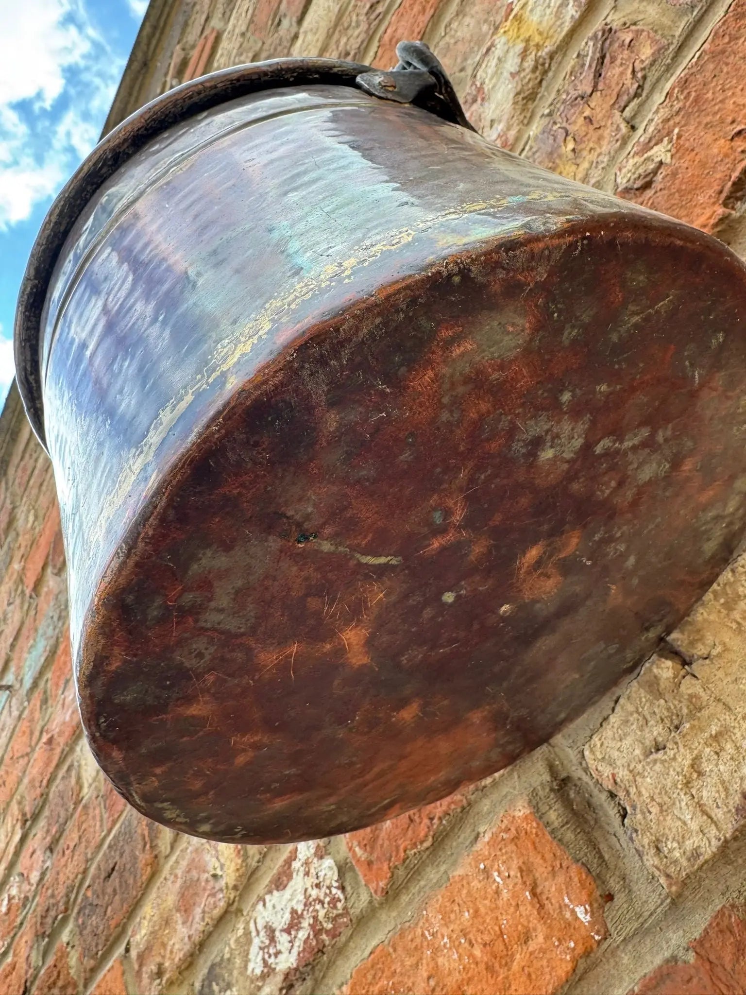 Antique Copper Cauldron Pot with Riveted Iron Handle &amp; Dovetail Planter Pot  B