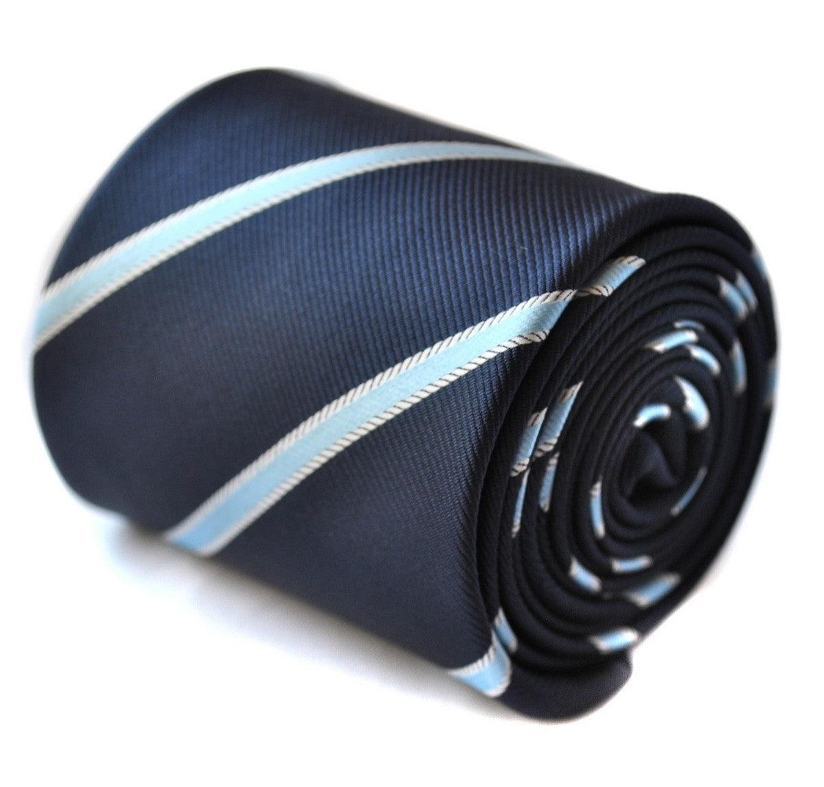 navy blue tie with light blue and white ribbon stripes