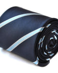 navy blue tie with light blue and white ribbon stripes