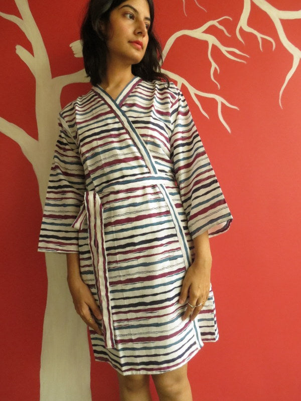 White Blue Striped Knee Length, Kimono Crossover Belted Robe-0