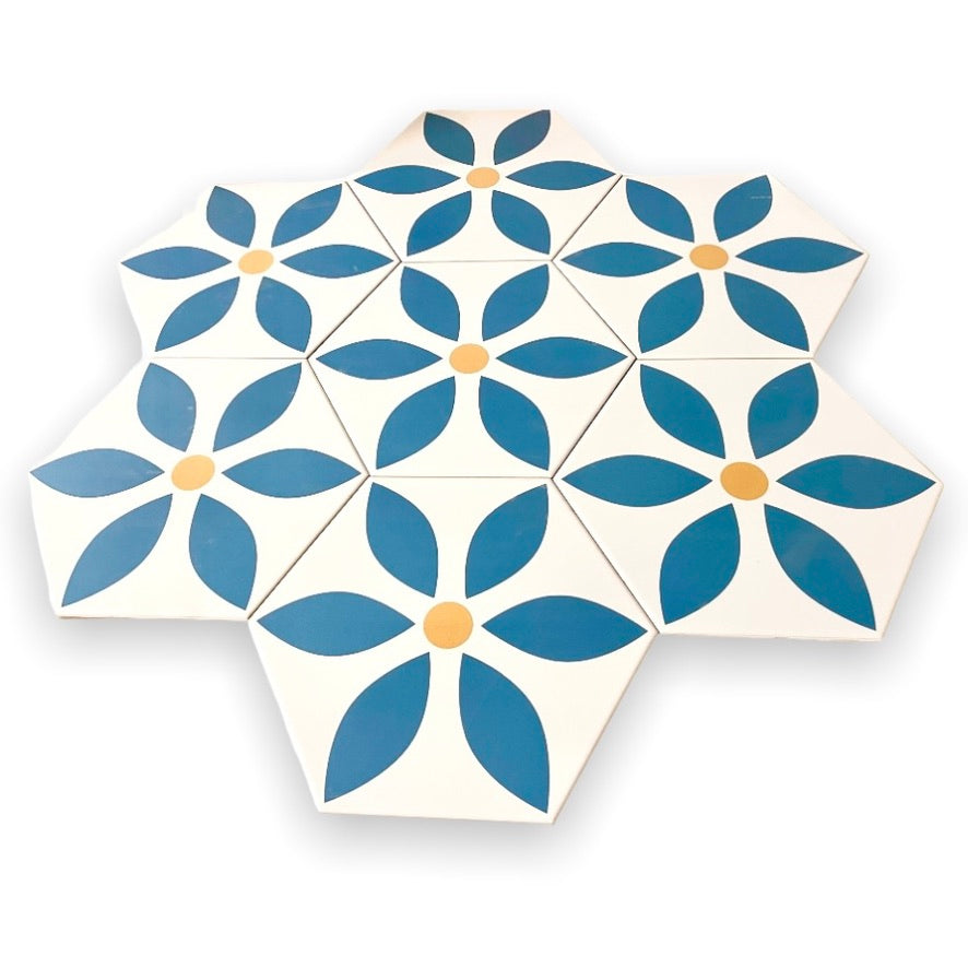 Daisy porcelain tile, luxury modern blue and white floral anti-slip ceramic tile, premium durable interior exterior flooring by Maria Starling Design at brixbailey.com