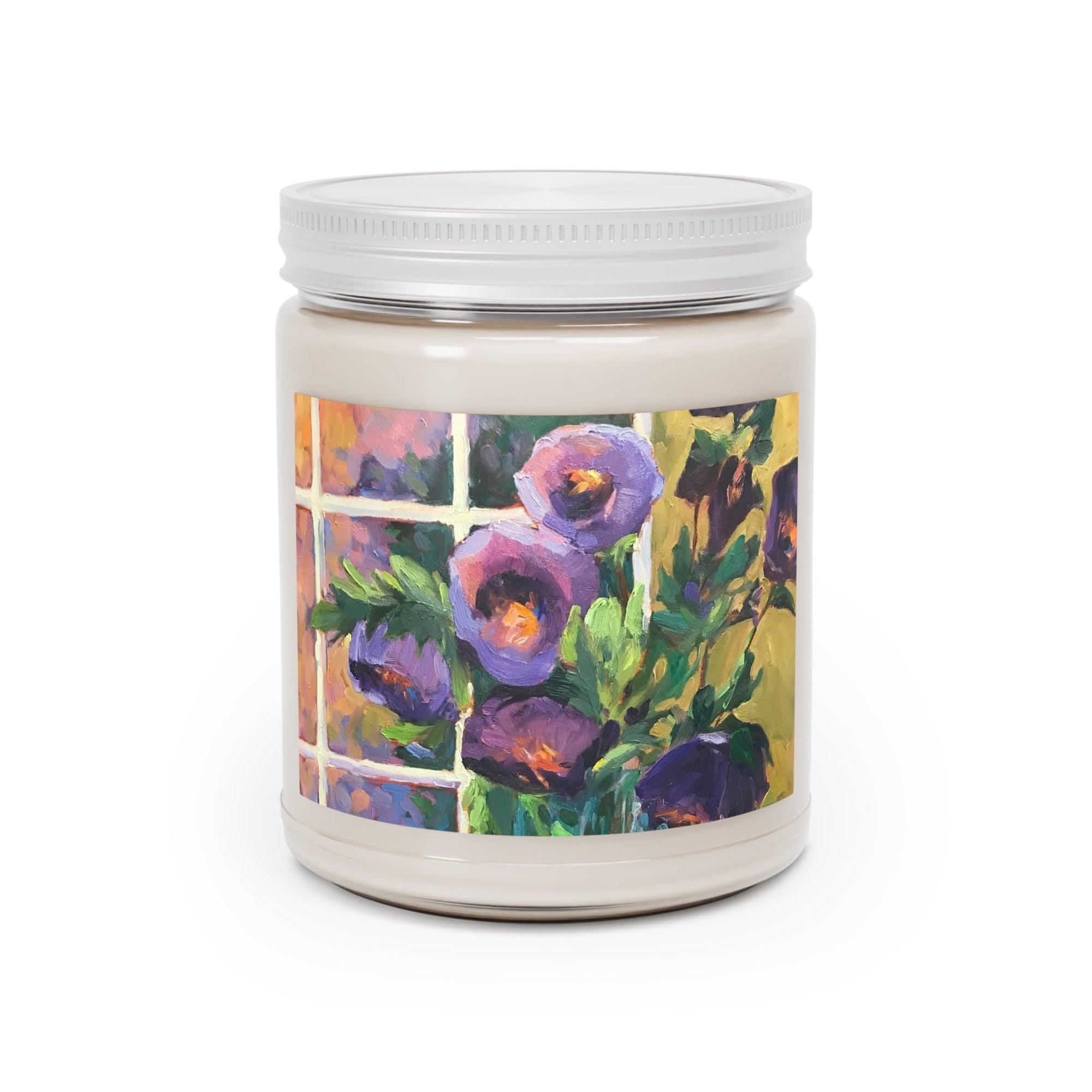 9oz Eco-Friendly Scented or Unscented Soy Wax Candle Jar with &#39;Purple Flowers&#39; Artwork by American Artist Barbara Cleary