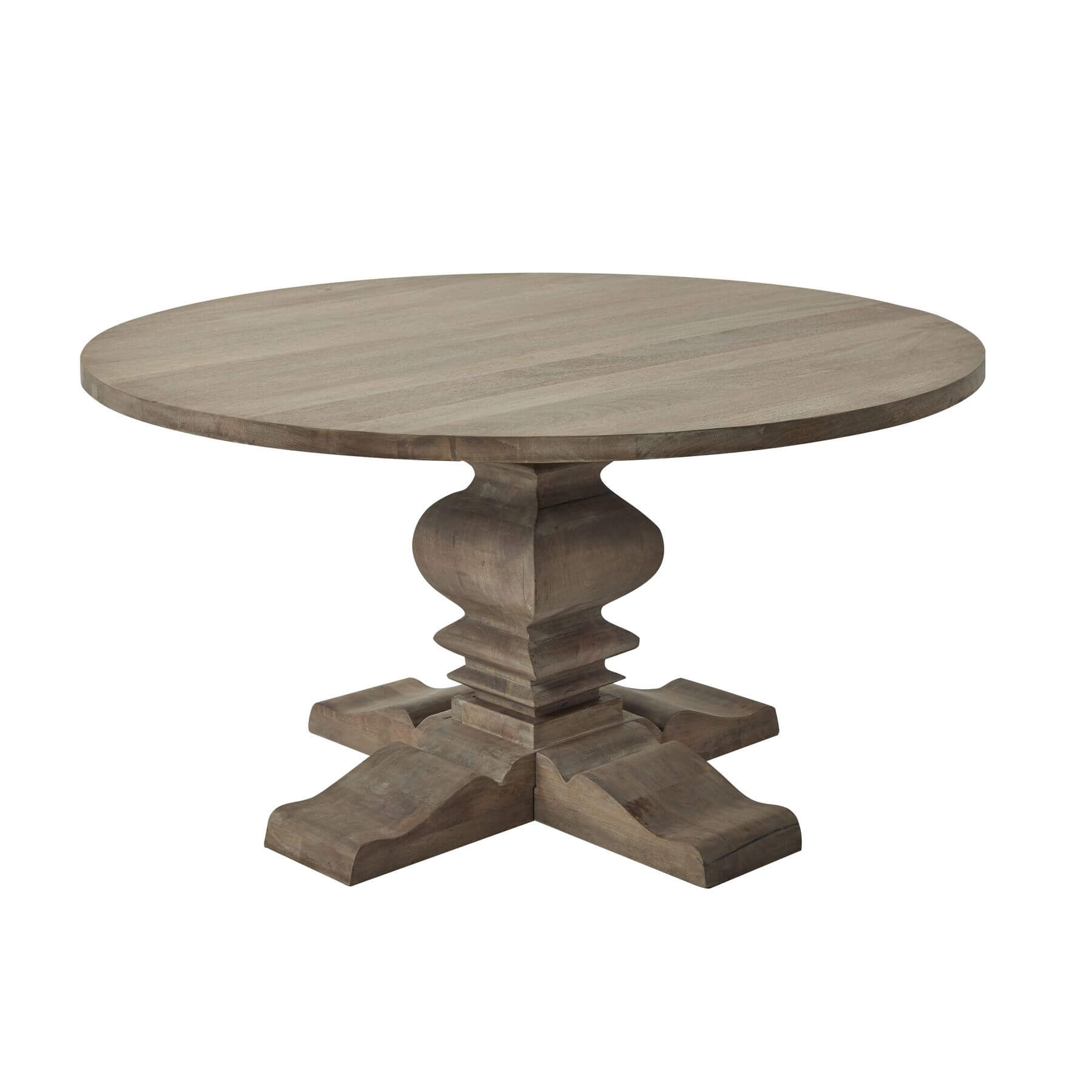 Copgrove round pedestal dining table in bleached hardwood with black iron accents, warm brown tones, 150cm diameter by Sostter at brixbailey.com