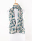 Flower Print Linen Cotton Scarf - Blue