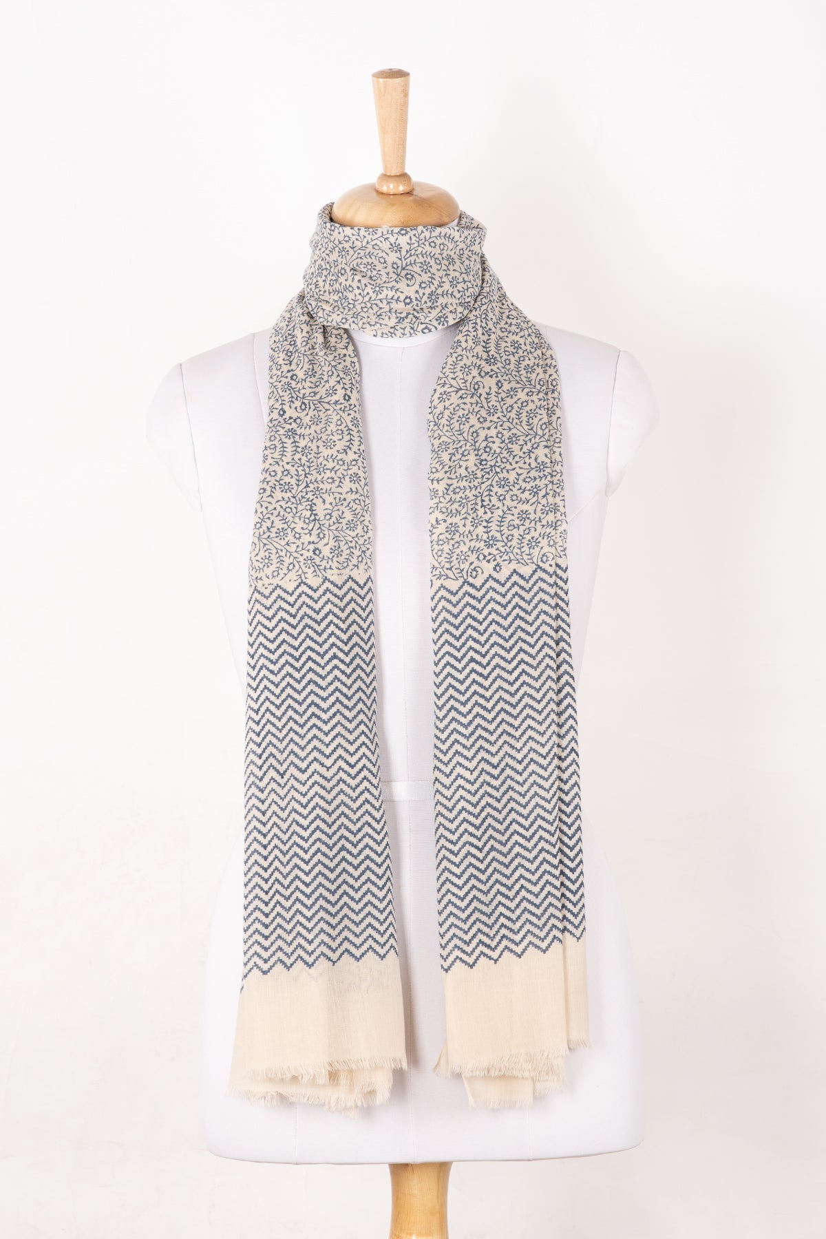 Floral and Chevron Print Cotton Scarf - Dark Night Ecru