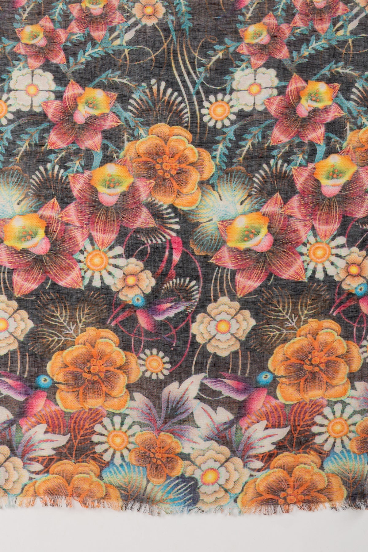Floral Bouquet Print Linen Cotton Scarf - Multicoloured