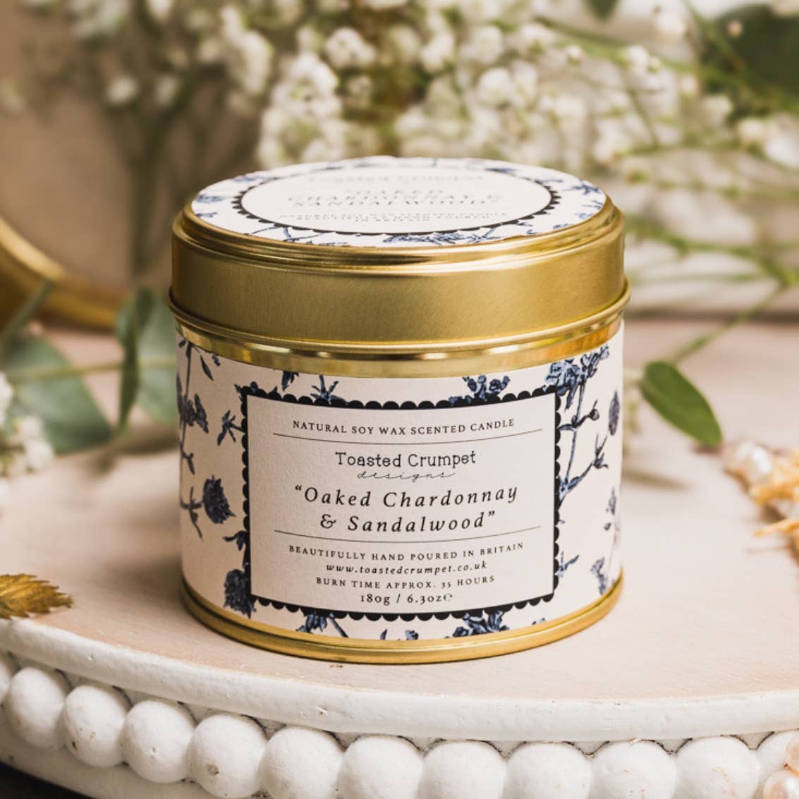 Oaked Chardonnay &amp; Sandalwood Candle in a Matt Gold Tin
