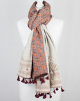Double Sided Ajrakh Print Silk and Woolen Embroidered Scarf - Orange Off White