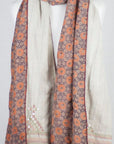 Double Sided Ajrakh Print Silk and Woolen Embroidered Scarf - Orange Off White