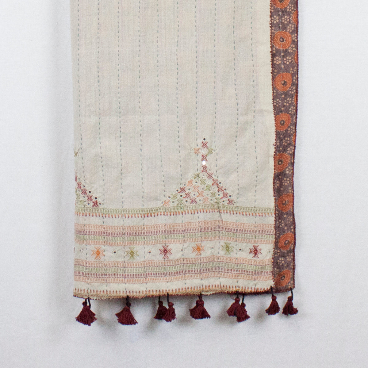 Double Sided Ajrakh Print Silk and Woolen Embroidered Scarf - Orange Off White