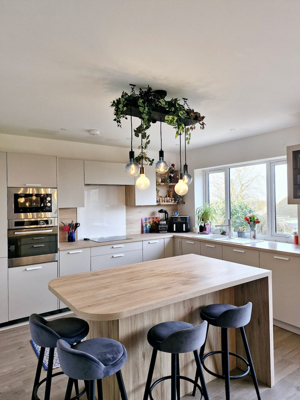 Wooden Chandelier with Black Canopy | Rustic Kitchen Island Lighting UK