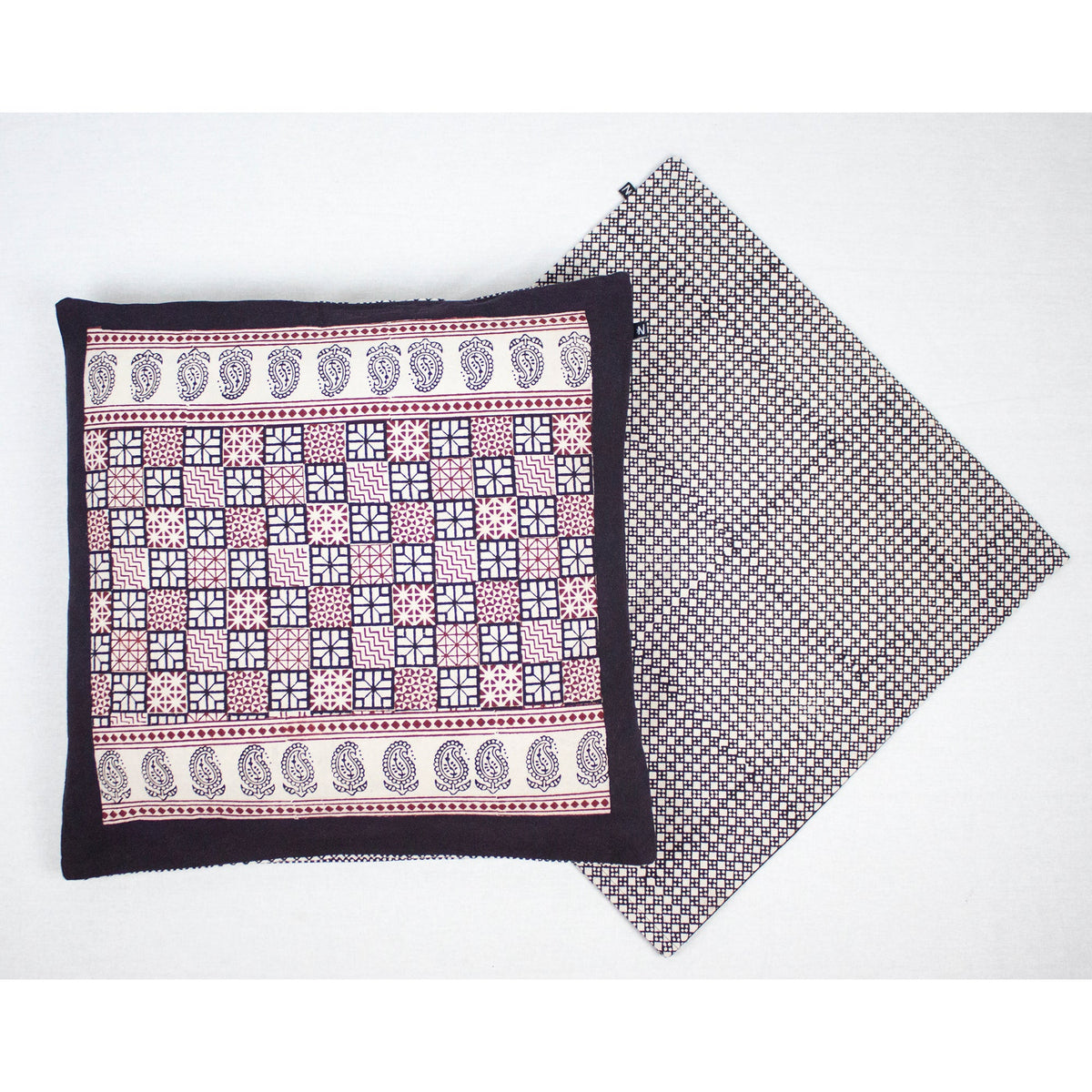 Checks Mix &amp; Diamond Bagh Hand Block Print Cotton Cushion Cover - White Black Red