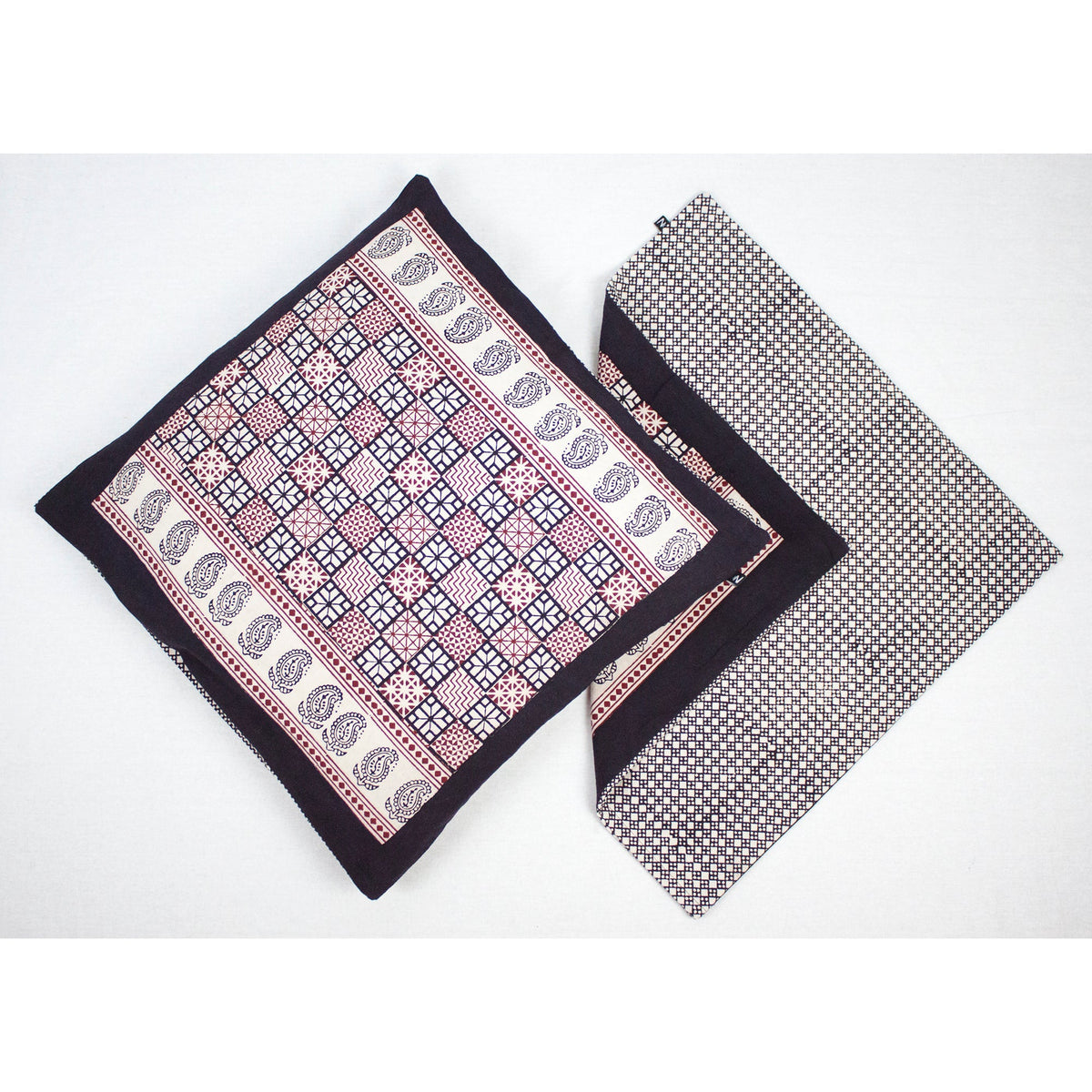 Checks Mix &amp; Diamond Bagh Hand Block Print Cotton Cushion Cover - White Black Red