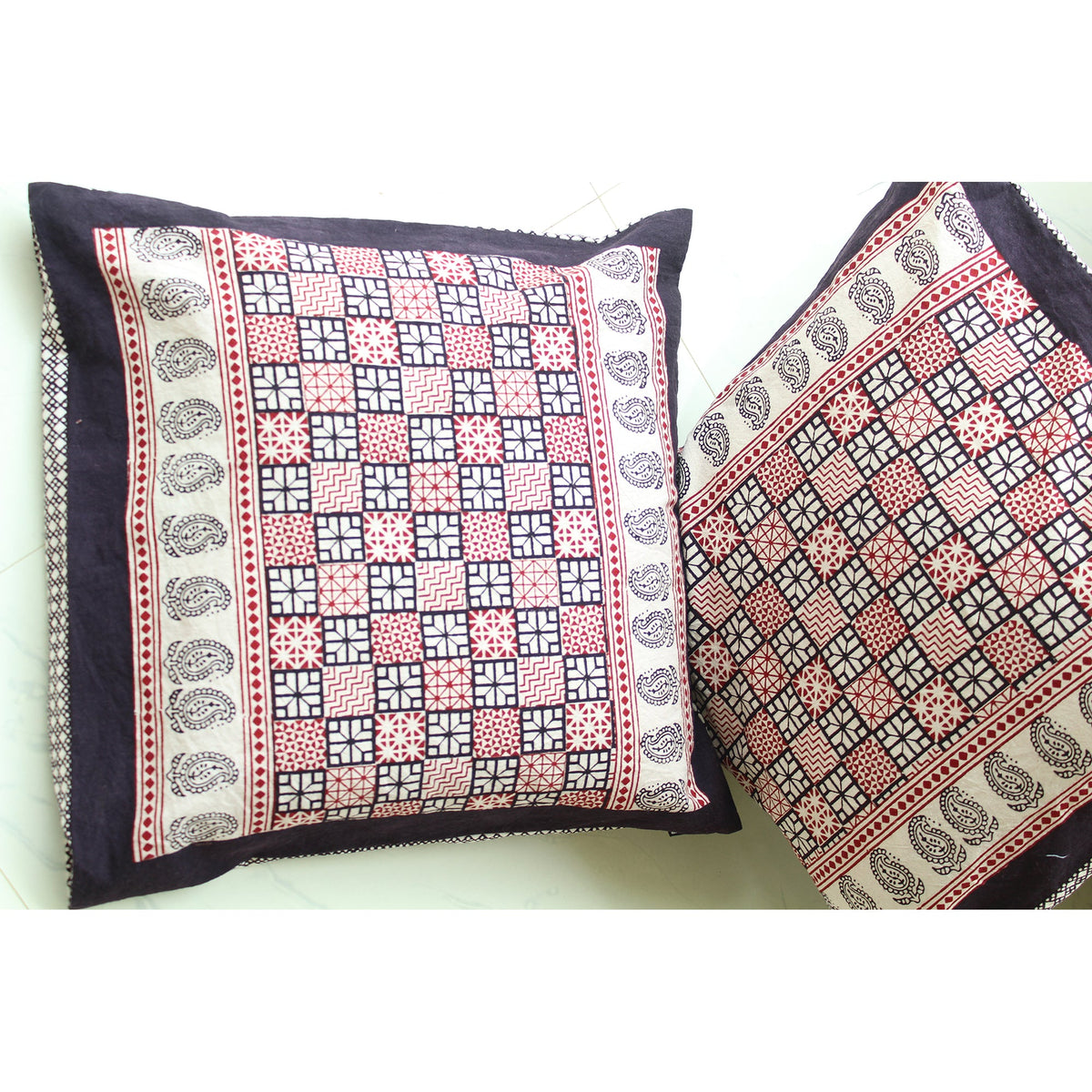 Checks Mix &amp; Diamond Bagh Hand Block Print Cotton Cushion Cover - White Black Red