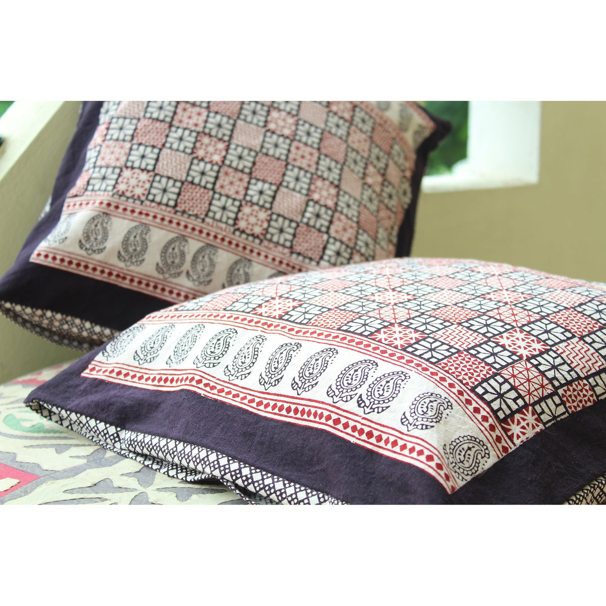 Checks Mix &amp; Diamond Bagh Hand Block Print Cotton Cushion Cover - White Black Red
