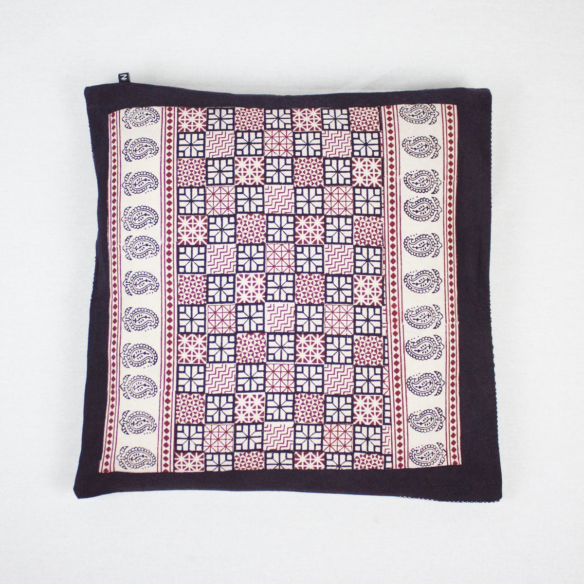Checks Mix &amp; Diamond Bagh Hand Block Print Cotton Cushion Cover - White Black Red