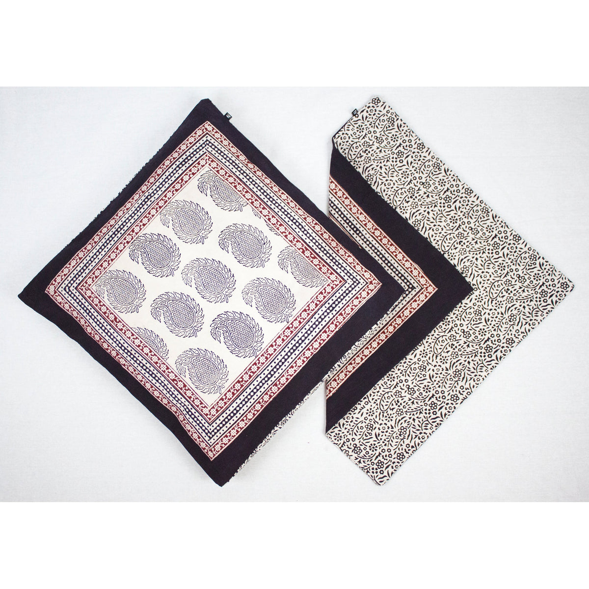Ambi Paisley &amp; Floral Mix Bagh Hand Block Print Cotton Cushion Cover - White Black Red
