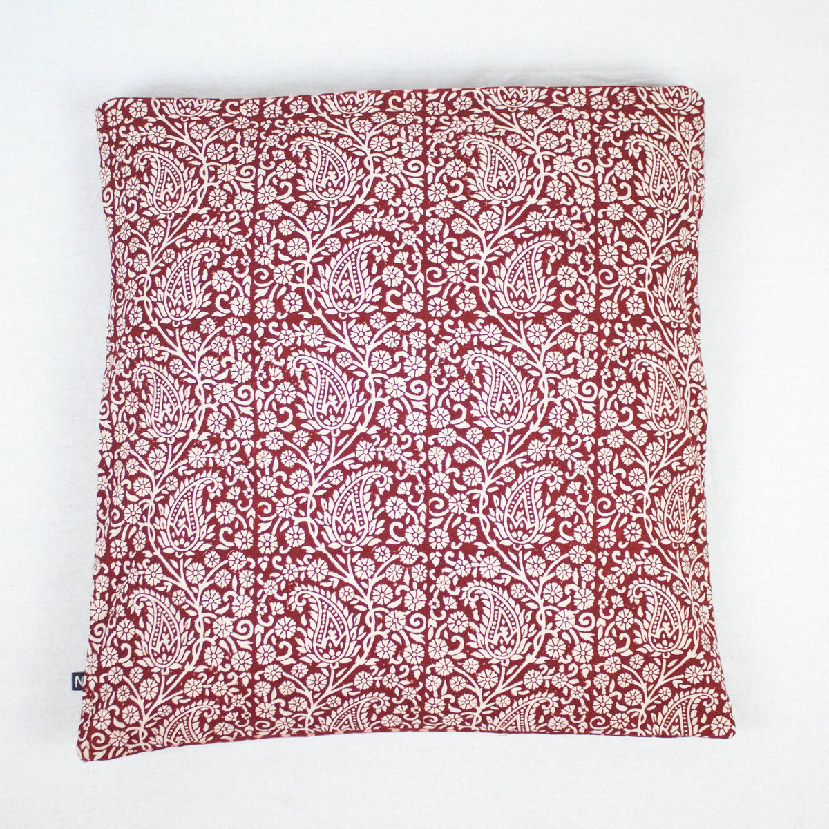 Paisley &amp; Mushroom Bagh Hand Block Print Cotton Cushion Cover - Red