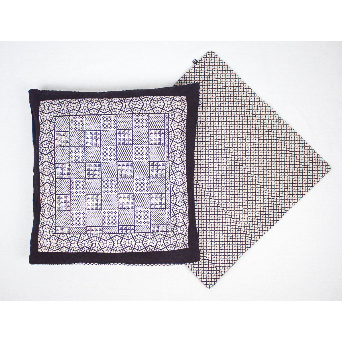 Checks Mix &amp; Seashell Bagh Hand Block Print Cotton Cushion Cover - White Black