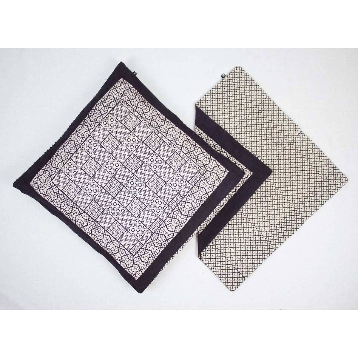 Checks Mix &amp; Seashell Bagh Hand Block Print Cotton Cushion Cover - White Black