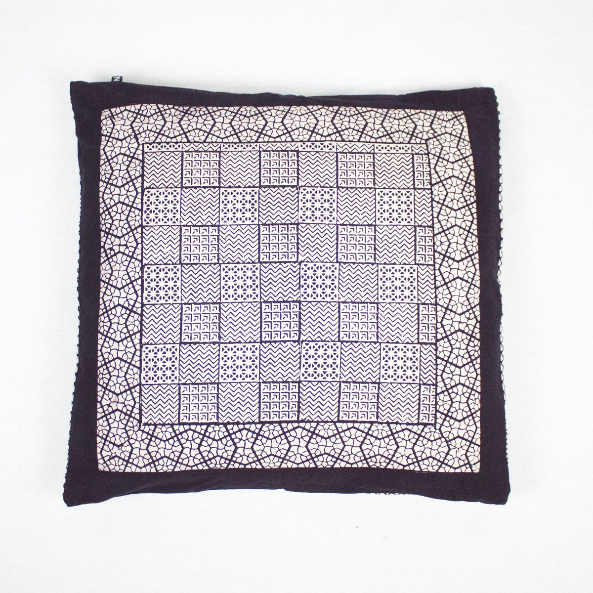 Checks Mix &amp; Seashell Bagh Hand Block Print Cotton Cushion Cover - White Black