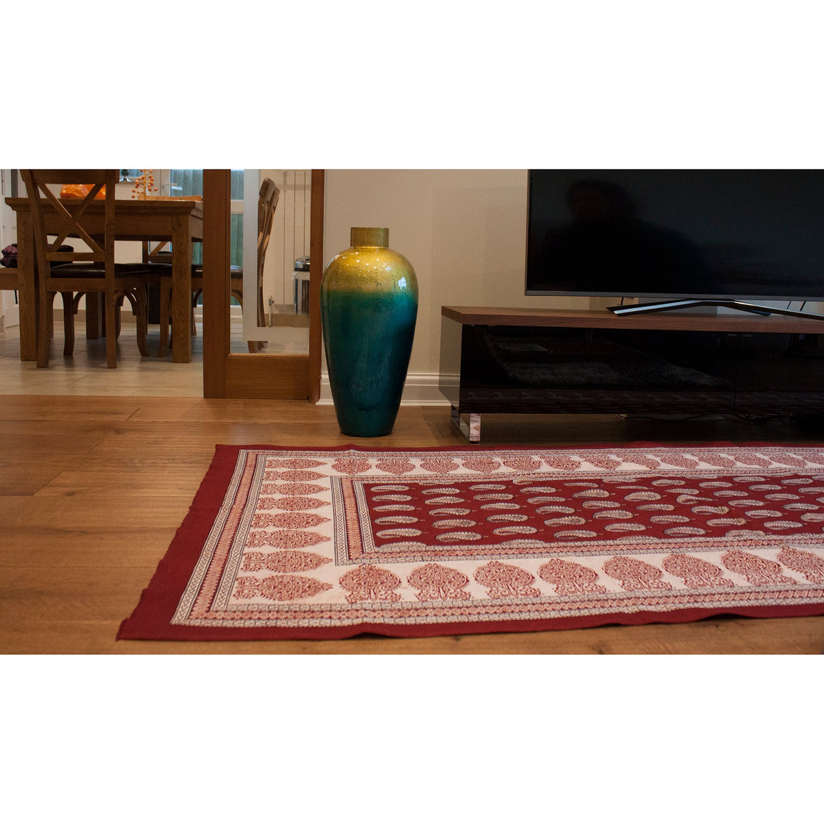 Paisley &amp; Ambi Hand Block Print Area / Runner Rug - Red White