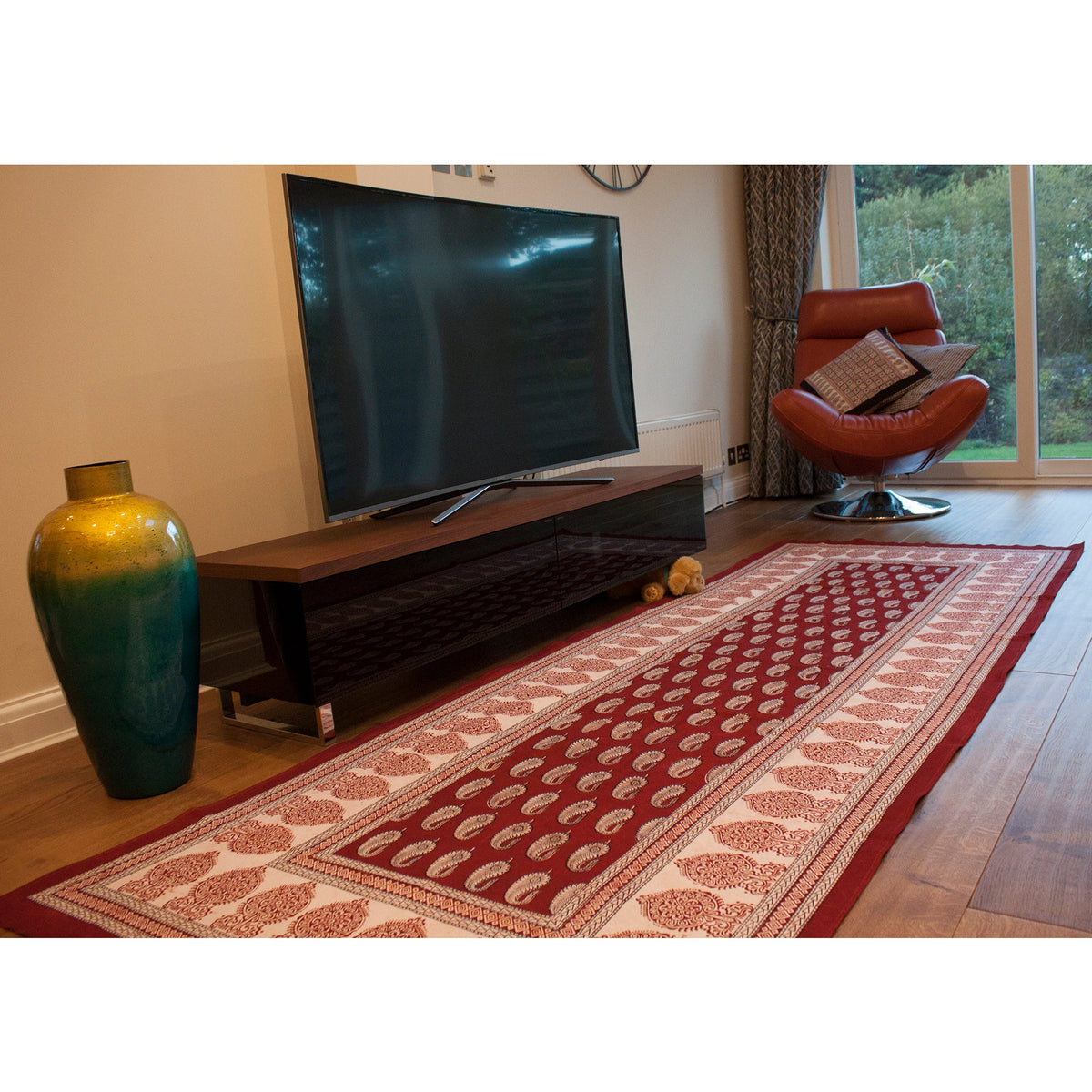 Paisley &amp; Ambi Hand Block Print Area / Runner Rug - Red White