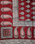 Traditional Paisley Jaal & Border Hand-block Print Rug - Red White