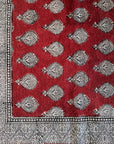 Traditional Paisley Jaal & Border Hand-block Print Rug - Red White