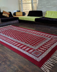 Traditional Paisley Jaal & Border Hand-block Print Rug - Red White