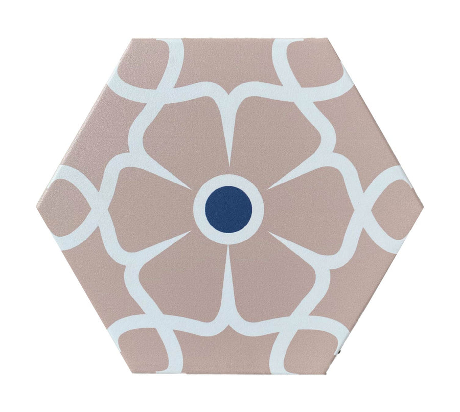 Luxury Ella porcelain floor tiles, premium hexagonal floral pattern, pink indoor-outdoor anti-slip tiles, no sealing required by Maria Starling Design at brixbailey.com