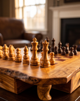 Handcrafted Olive Wood Chess Set with Drawer | Live Edge Red or Black Board
